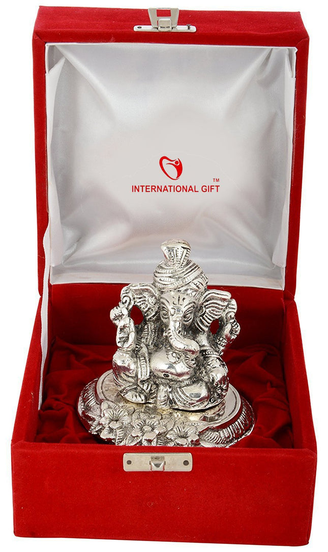 INTERNATIONAL GIFT® Silver Plated Pagdi Ganesh God Idol Statue Oxidized Finish with Beautiful Velvet Box Packing and with Carry Bag (10H x 8W x 8L Centimeters) 
