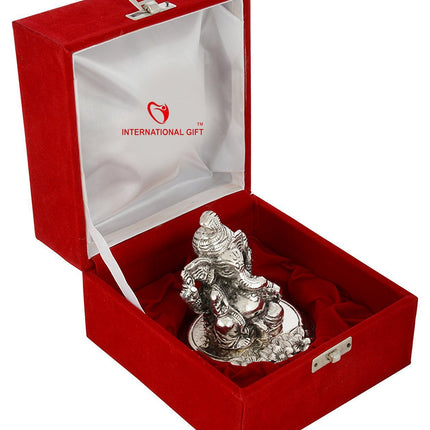 INTERNATIONAL GIFT® Silver Plated Pagdi Ganesh God Idol Statue Oxidized Finish with Beautiful Velvet Box Packing and with Carry Bag (10H x 8W x 8L Centimeters) 