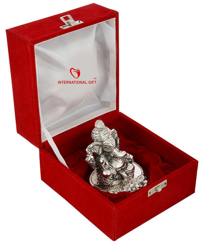 INTERNATIONAL GIFT® Silver Plated Pagdi Ganesh God Idol Statue Oxidized Finish with Beautiful Velvet Box Packing and with Carry Bag (10H x 8W x 8L Centimeters) 
