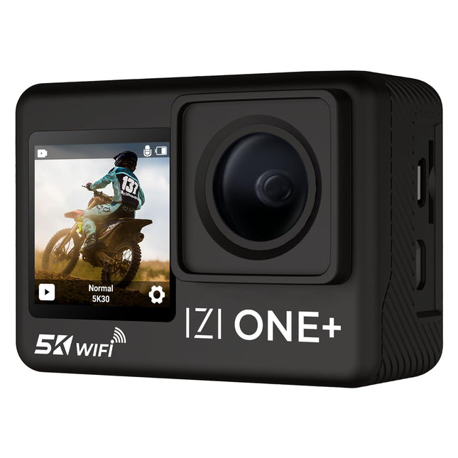 IZI ONE Plus 5K 48MP Action Camera - 6-Axis Gyro Stabilization, 110ft Waterproof, Vlogging, 170° FOV, WiFi, Dual Touch Screen Video Camera, 2X 1350mAh Batteries, Fast C-Type Charge HQ External Mic. 