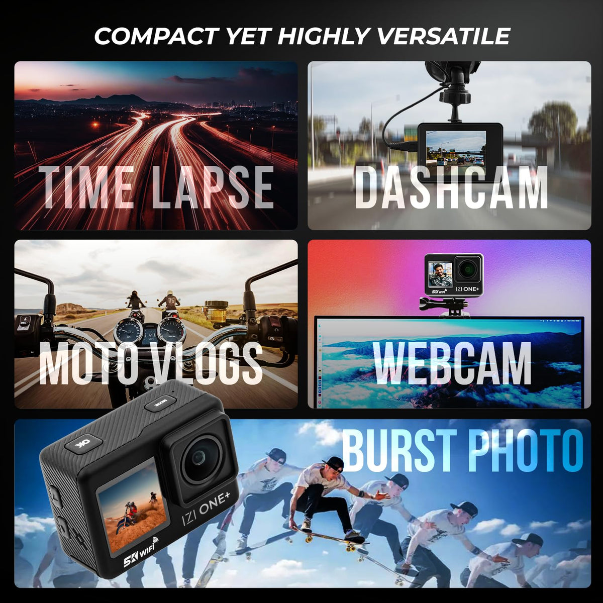 IZI ONE Plus 5K 48MP Action Camera - 6-Axis Gyro Stabilization, 110ft Waterproof, Vlogging, 170° FOV, WiFi, Dual Touch Screen Video Camera, 2X 1350mAh Batteries, Fast C-Type Charge HQ External Mic. 
