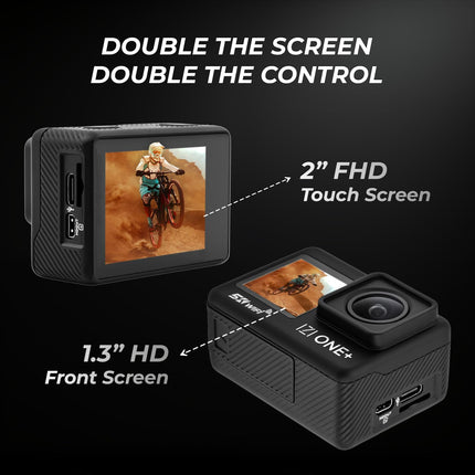 IZI ONE Plus 5K 48MP Action Camera - 6-Axis Gyro Stabilization, 110ft Waterproof, Vlogging, 170° FOV, WiFi, Dual Touch Screen Video Camera, 2X 1350mAh Batteries, Fast C-Type Charge HQ External Mic. 
