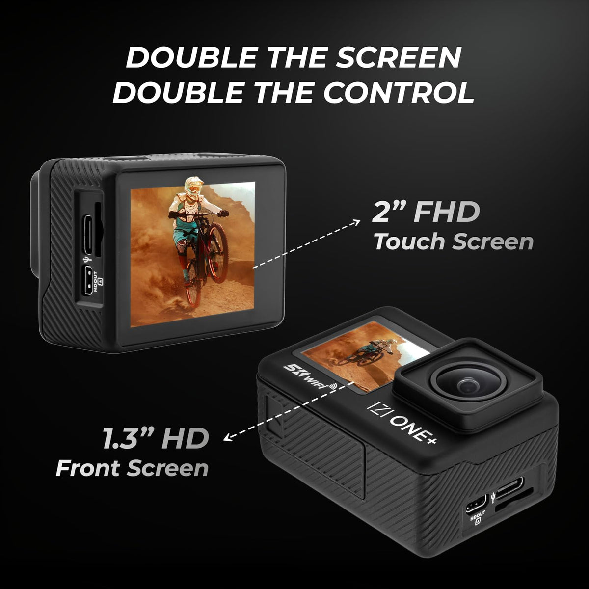 IZI ONE Plus 5K 48MP Action Camera - 6-Axis Gyro Stabilization, 110ft Waterproof, Vlogging, 170° FOV, WiFi, Dual Touch Screen Video Camera, 2X 1350mAh Batteries, Fast C-Type Charge HQ External Mic. 