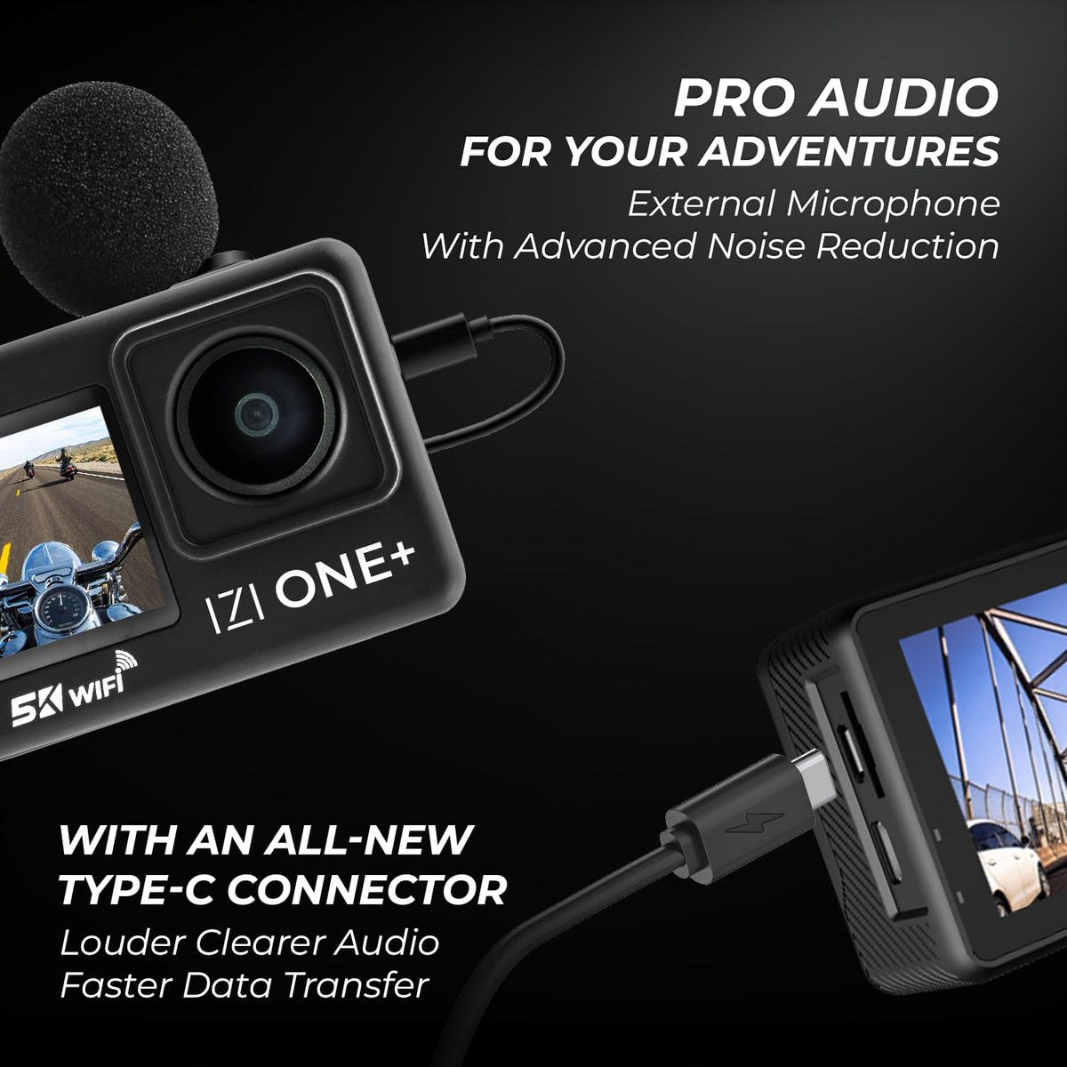 IZI ONE Plus 5K 48MP Action Camera - 6-Axis Gyro Stabilization, 110ft Waterproof, Vlogging, 170° FOV, WiFi, Dual Touch Screen Video Camera, 2X 1350mAh Batteries, Fast C-Type Charge HQ External Mic. 