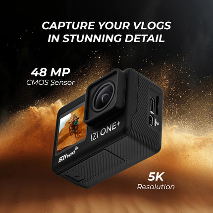 IZI ONE Plus 5K 48MP Action Camera - 6-Axis Gyro Stabilization, 110ft Waterproof, Vlogging, 170° FOV, WiFi, Dual Touch Screen Video Camera, 2X 1350mAh Batteries, Fast C-Type Charge HQ External Mic. 