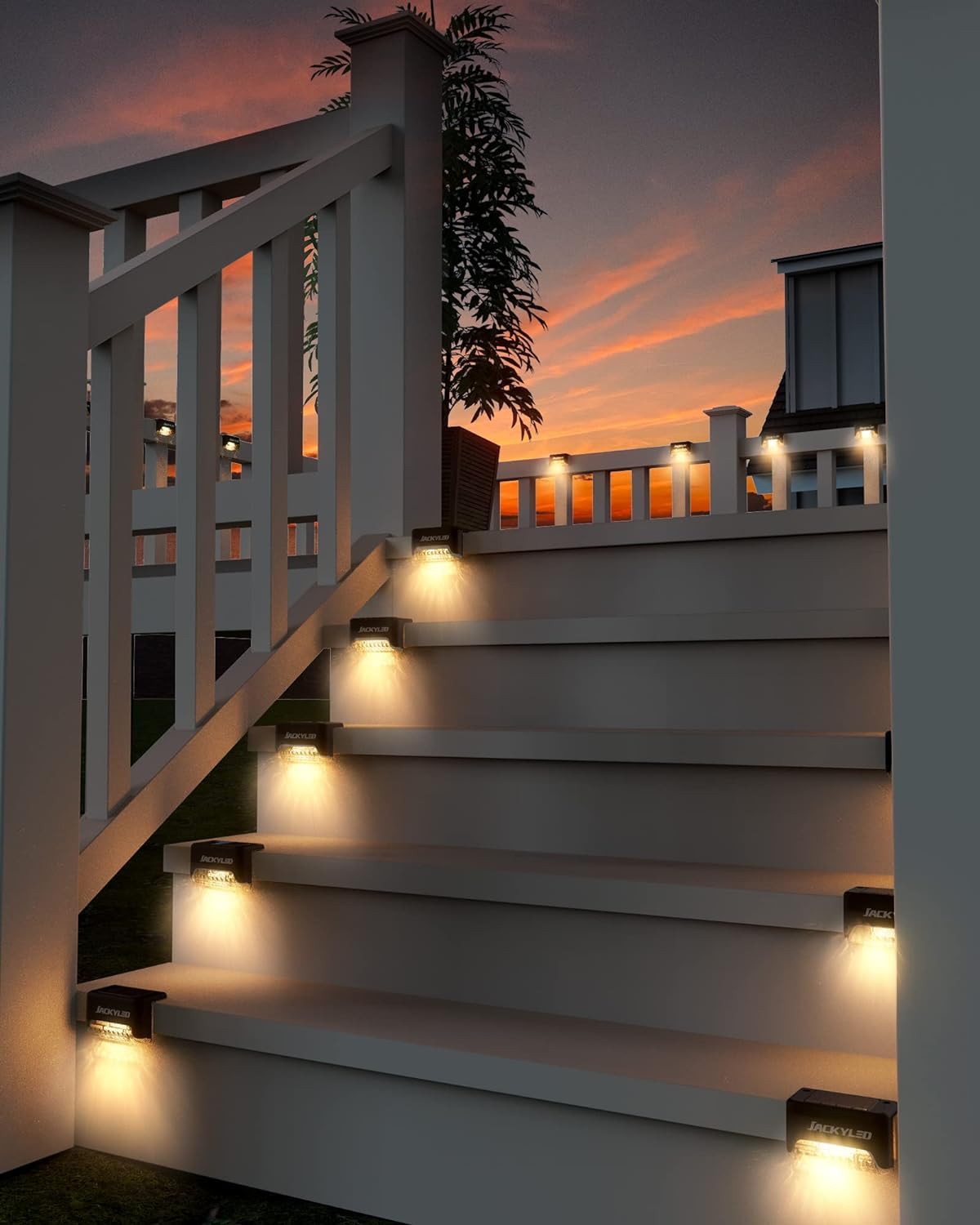 JACKYLED 16 Pack, Step Lights Waterproof LED Solar Power Outdoor Fence Light for Deck Stair Railing, Outside Lighting for Wall Garden Backyard Patio Balcony Decor, ABS, White, 79 x 43 x 48 mm 