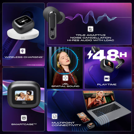 JBL New Launch Live Beam 3 TWS,Hi-Res Audio True ANC Earbuds,Smart Case with Touch Display,48H Playtime,Wireless Charging,6 Mic,Multipoint Connection,Ip55 Proof, Headphones App,Personi-Fi 3.0 (Black) 