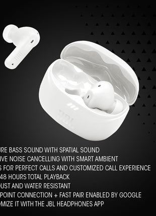 JBL New Launch Tune Beam 2 TWS, ANC Earbuds, 48Hr Playtime,Dual Connect, Ambient Aware, Relax Mode, Customized EQ with Headphones App, 6 Mics for Clear Calls, Spatial Sound, Personi-Fi 3.0 (White) 