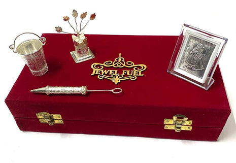 JEWEL FUEL Holi Gift Combo Pack hamper of Silver Holi Pichkari, Bucket, Radha Krishna Frame And Tulsi Plant gift items For Laddu Gopal/Holi gift set 