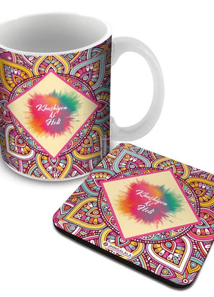 Jhingalala Khushiyon Ki Holi Printed Mug with Coaster Combo Gift Pack | Holi Gift Pack, Holi Gift Items, Holi Printed Mugs, Holi Gift for Girls, Mug and Coaster Set, Holi Gift for Friends, Holi Gifts 