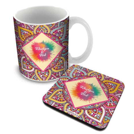Jhingalala Khushiyon Ki Holi Printed Mug with Coaster Combo Gift Pack | Holi Gift Pack, Holi Gift Items, Holi Printed Mugs, Holi Gift for Girls, Mug and Coaster Set, Holi Gift for Friends, Holi Gifts 