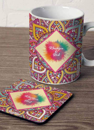 Jhingalala Khushiyon Ki Holi Printed Mug with Coaster Combo Gift Pack | Holi Gift Pack, Holi Gift Items, Holi Printed Mugs, Holi Gift for Girls, Mug and Coaster Set, Holi Gift for Friends, Holi Gifts 