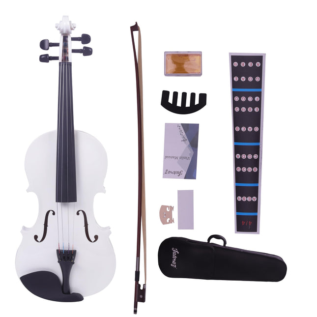 Juarez Legnò Full Size 4/4 Violin Kit, JRV100WH with Bow, Rosin, Fretboard Sticker, Mute, Bridge, Oblong Case, White 