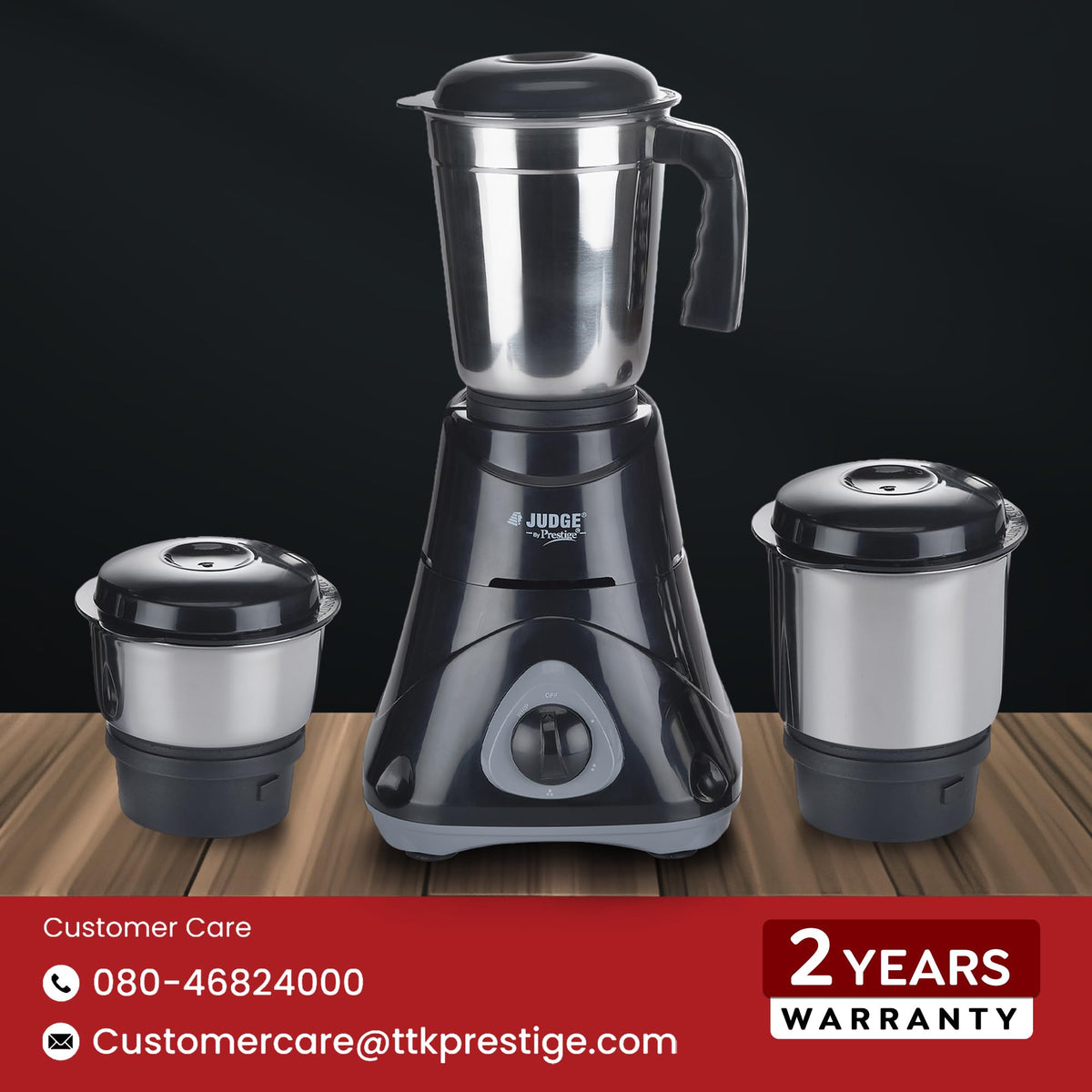 Judge by Prestige 500 Watts ACE Mixer Grinder with 3 Stainless Steel Jars| 3 Efficient Stainless Steel blades| Overload Protector| Sturdy Handles| Black 