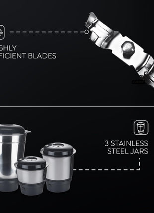 Judge by Prestige 500 Watts ACE Mixer Grinder with 3 Stainless Steel Jars| 3 Efficient Stainless Steel blades| Overload Protector| Sturdy Handles| Black 