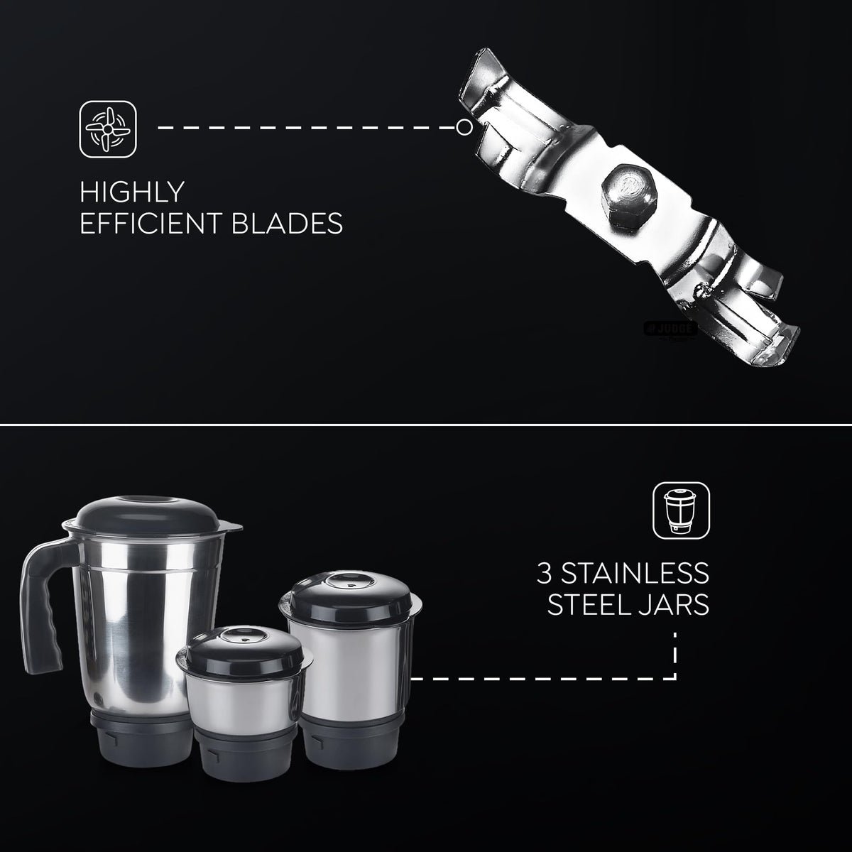 Judge by Prestige 500 Watts ACE Mixer Grinder with 3 Stainless Steel Jars| 3 Efficient Stainless Steel blades| Overload Protector| Sturdy Handles| Black 