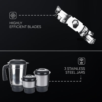 Judge by Prestige 500 Watts ACE Mixer Grinder with 3 Stainless Steel Jars| 3 Efficient Stainless Steel blades| Overload Protector| Sturdy Handles| Black 