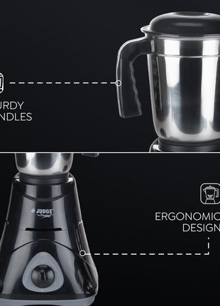 Judge by Prestige 500 Watts ACE Mixer Grinder with 3 Stainless Steel Jars| 3 Efficient Stainless Steel blades| Overload Protector| Sturdy Handles| Black 
