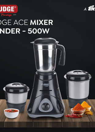 Judge by Prestige 500 Watts ACE Mixer Grinder with 3 Stainless Steel Jars| 3 Efficient Stainless Steel blades| Overload Protector| Sturdy Handles| Black 