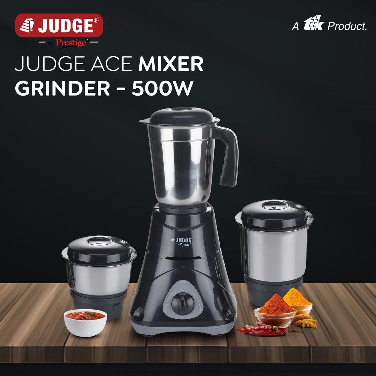 Judge by Prestige 500 Watts ACE Mixer Grinder with 3 Stainless Steel Jars| 3 Efficient Stainless Steel blades| Overload Protector| Sturdy Handles| Black 