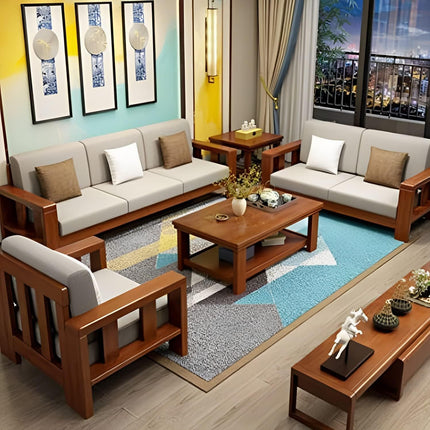 K L FURNITURE Solid Sheesham Wood 6 Seater Sofa Set for Living Room | Wooden Sofa Set for Living Room Furniture 3+2+1 (Standard, Natural Teak Finish) 