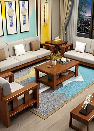 K L FURNITURE Solid Sheesham Wood 6 Seater Sofa Set for Living Room | Wooden Sofa Set for Living Room Furniture 3+2+1 (Standard, Natural Teak Finish) 