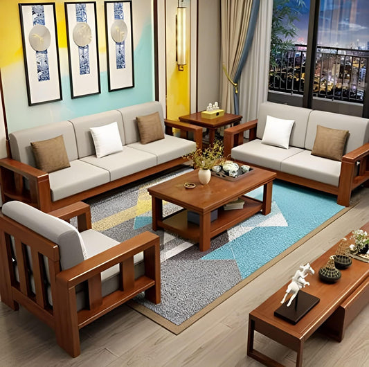 K L FURNITURE Solid Sheesham Wood 6 Seater Sofa Set for Living Room | Wooden Sofa Set for Living Room Furniture 3+2+1 (Standard, Natural Teak Finish) 