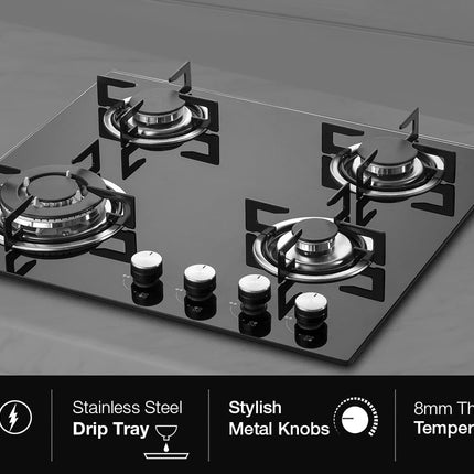 KAFF | 60CM 4 Burners Built-in Hob/Hobtop For Modular kitchen | Auto Electric Ignition | Italian Burner, Enamelled Matt Finish | Easy Grip Knobs | 8 MM Toughened Glass | Black | NE4B60GFX 
