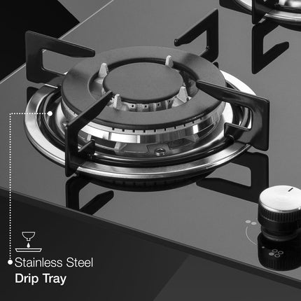 KAFF | 60CM 4 Burners Built-in Hob/Hobtop For Modular kitchen | Auto Electric Ignition | Italian Burner, Enamelled Matt Finish | Easy Grip Knobs | 8 MM Toughened Glass | Black | NE4B60GFX 