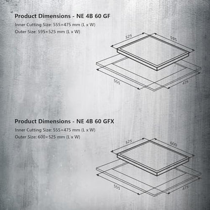KAFF | 60CM 4 Burners Built-in Hob/Hobtop For Modular kitchen | Auto Electric Ignition | Italian Burner, Enamelled Matt Finish | Easy Grip Knobs | 8 MM Toughened Glass | Black | NE4B60GFX 