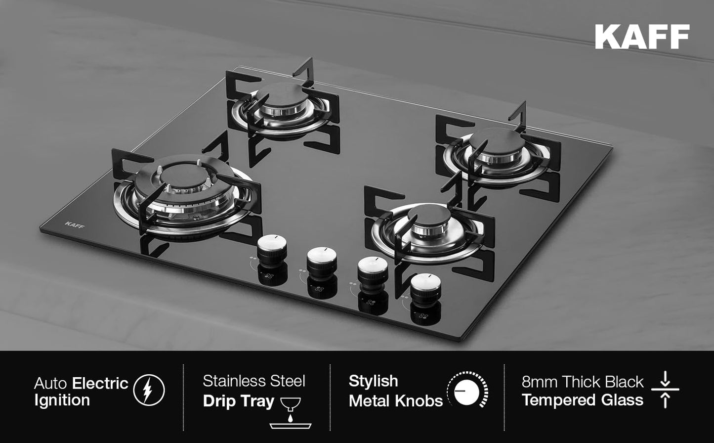 KAFF | 60CM 4 Burners Built-in Hob/Hobtop For Modular kitchen | Auto Electric Ignition | Italian Burner, Enamelled Matt Finish | Easy Grip Knobs | 8 MM Toughened Glass | Black | NE4B60GFX 