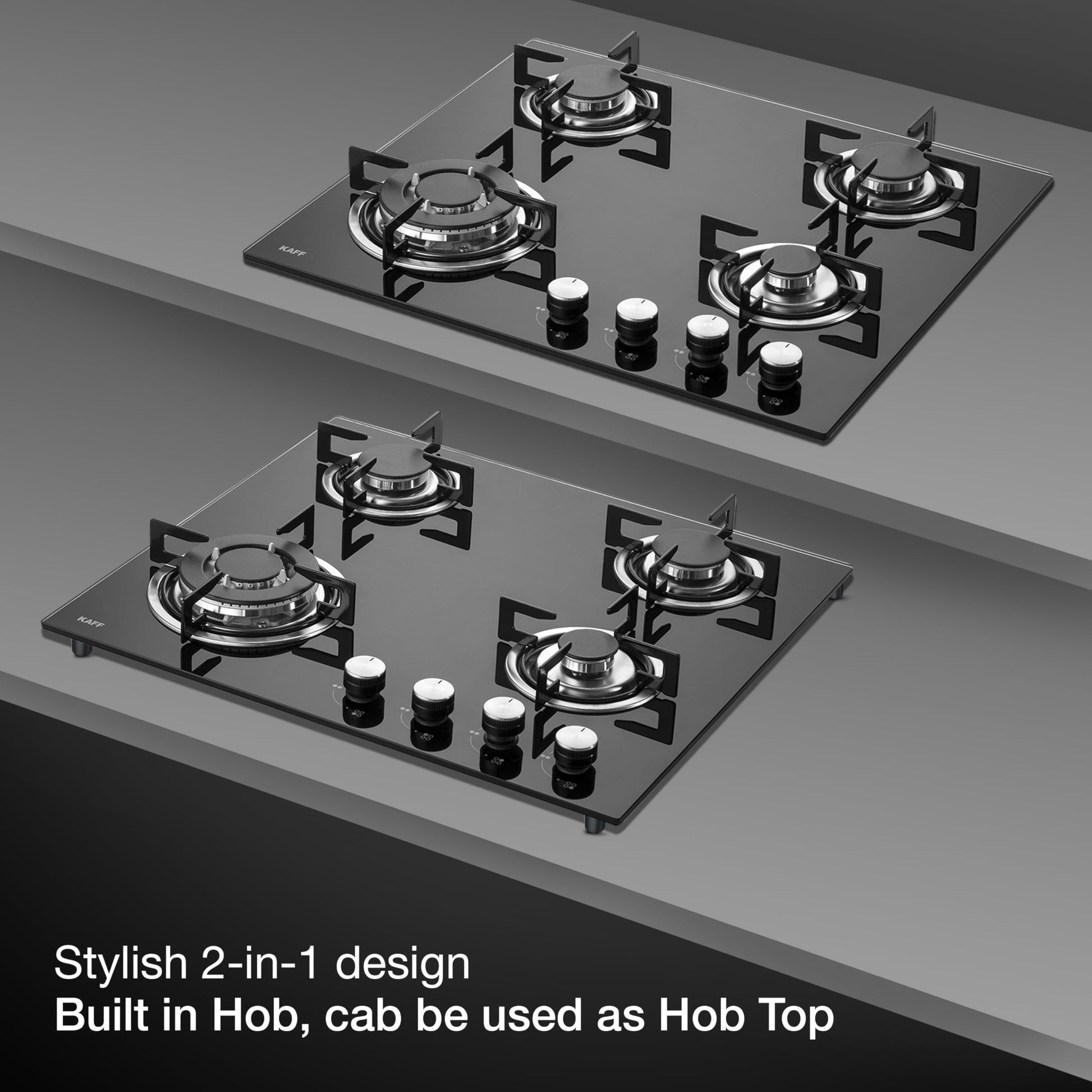 KAFF | 60CM 4 Burners Built-in Hob/Hobtop For Modular kitchen | Auto Electric Ignition | Italian Burner, Enamelled Matt Finish | Easy Grip Knobs | 8 MM Toughened Glass | Black | NE4B60GFX 