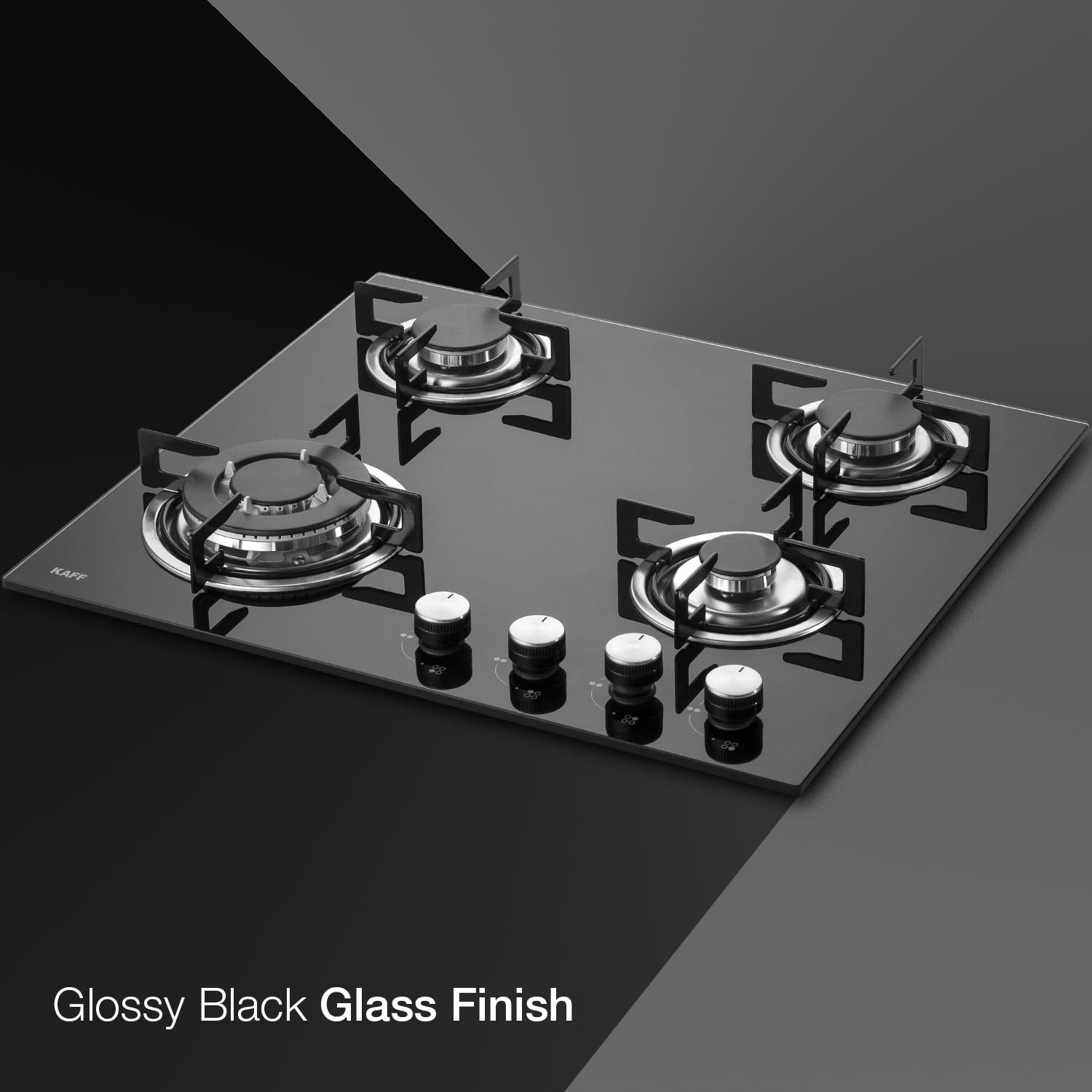 KAFF | 60CM 4 Burners Built-in Hob/Hobtop For Modular kitchen | Auto Electric Ignition | Italian Burner, Enamelled Matt Finish | Easy Grip Knobs | 8 MM Toughened Glass | Black | NE4B60GFX 