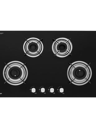 KAFF Built-in Hobs 4 Burners, Auto Electric Ignition Glass Top, 80 CM, Powerful Brass Burners, 8 MM Thick Toughened Glass, Enamelled Matt Grills (Black) | HBR 804 
