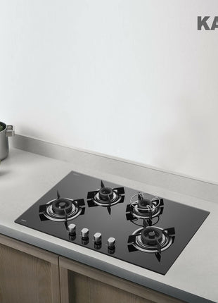 KAFF Built-in Hobs 4 Burners, Auto Electric Ignition Glass Top, 80 CM, Powerful Brass Burners, 8 MM Thick Toughened Glass, Enamelled Matt Grills (Black) | HBR 804 