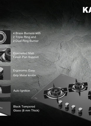 KAFF Built-in Hobs 4 Burners, Auto Electric Ignition Glass Top, 80 CM, Powerful Brass Burners, 8 MM Thick Toughened Glass, Enamelled Matt Grills (Black) | HBR 804 