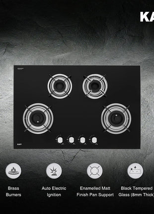KAFF Built-in Hobs 4 Burners, Auto Electric Ignition Glass Top, 80 CM, Powerful Brass Burners, 8 MM Thick Toughened Glass, Enamelled Matt Grills (Black) | HBR 804 