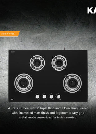 KAFF Built-in Hobs 4 Burners, Auto Electric Ignition Glass Top, 80 CM, Powerful Brass Burners, 8 MM Thick Toughened Glass, Enamelled Matt Grills (Black) | HBR 804 