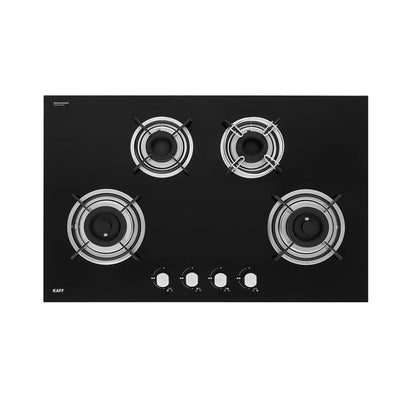 KAFF Built-in Hobs 4 Burners, Auto Electric Ignition Glass Top, 80 CM, Powerful Brass Burners, 8 MM Thick Toughened Glass, Enamelled Matt Grills (Black) | HBR 804 