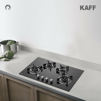 KAFF Built-in Hobs 4 Burners, Auto Electric Ignition Glass Top, 80 CM, Powerful Brass Burners, 8 MM Thick Toughened Glass, Enamelled Matt Grills (Black) | HBR 804 
