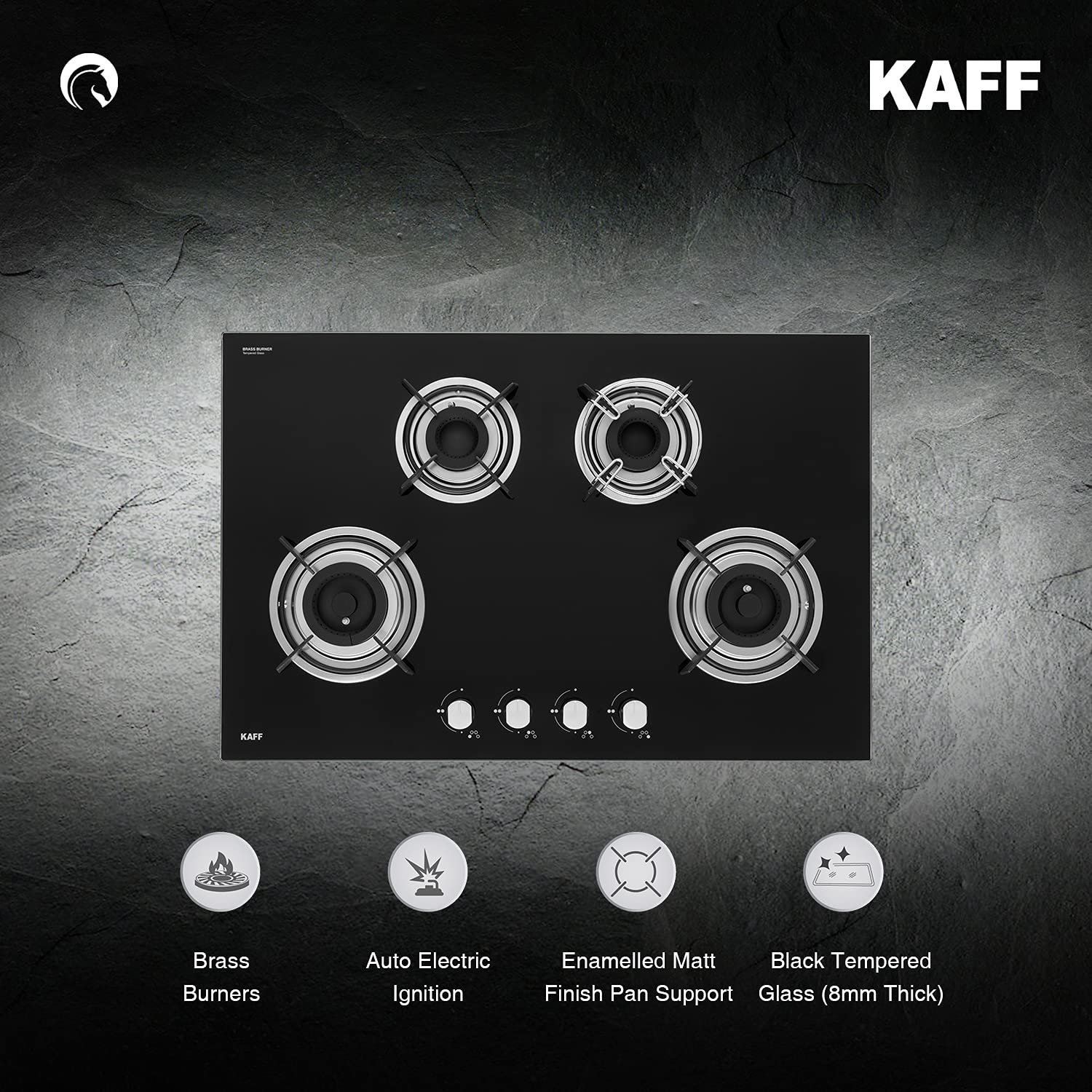 KAFF Built-in Hobs 4 Burners, Auto Electric Ignition Glass Top, 80 CM, Powerful Brass Burners, 8 MM Thick Toughened Glass, Enamelled Matt Grills (Black) | HBR 804 