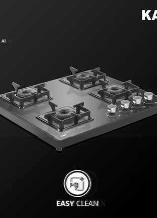 KAFF Gas Stove/Cooktop 4 Burners with Auto Electric Ignition 58 CM, Black Coated Brass Burners, Slim Line Design, Enamelled Pan Support with Integrated Flame Protector (Black) | CTS584BAI | 