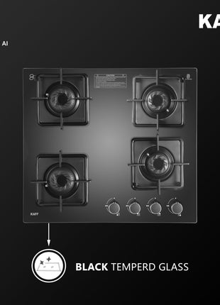 KAFF Gas Stove/Cooktop 4 Burners with Auto Electric Ignition 58 CM, Black Coated Brass Burners, Slim Line Design, Enamelled Pan Support with Integrated Flame Protector (Black) | CTS584BAI | 