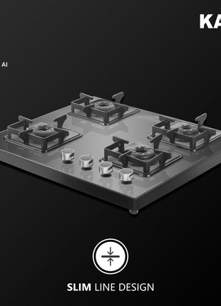 KAFF Gas Stove/Cooktop 4 Burners with Auto Electric Ignition 58 CM, Black Coated Brass Burners, Slim Line Design, Enamelled Pan Support with Integrated Flame Protector (Black) | CTS584BAI | 