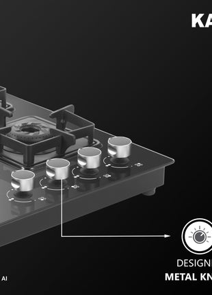 KAFF Gas Stove/Cooktop 4 Burners with Auto Electric Ignition 58 CM, Black Coated Brass Burners, Slim Line Design, Enamelled Pan Support with Integrated Flame Protector (Black) | CTS584BAI | 