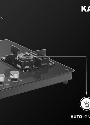 KAFF Gas Stove/Cooktop 4 Burners with Auto Electric Ignition 58 CM, Black Coated Brass Burners, Slim Line Design, Enamelled Pan Support with Integrated Flame Protector (Black) | CTS584BAI | 