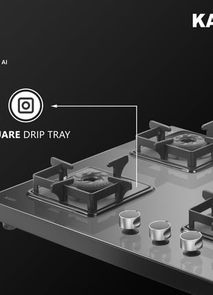 KAFF Gas Stove/Cooktop 4 Burners with Auto Electric Ignition 58 CM, Black Coated Brass Burners, Slim Line Design, Enamelled Pan Support with Integrated Flame Protector (Black) | CTS584BAI | 