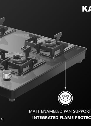 KAFF Gas Stove/Cooktop 4 Burners with Auto Electric Ignition 58 CM, Black Coated Brass Burners, Slim Line Design, Enamelled Pan Support with Integrated Flame Protector (Black) | CTS584BAI | 