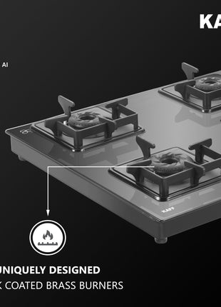 KAFF Gas Stove/Cooktop 4 Burners with Auto Electric Ignition 58 CM, Black Coated Brass Burners, Slim Line Design, Enamelled Pan Support with Integrated Flame Protector (Black) | CTS584BAI | 