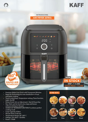 KAFF KFR8 Air Fryer 8L, 1700W with Digital Control | Fry, Bake, Roast, Defrost, Grill & Reheat with less Oil and Cholesterol | 8 Preset Control, LED Display & Touch Control, Shake/Flip Reminder 